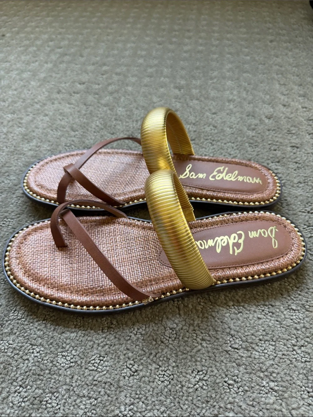 Sam Edelman Brown and Gold Woven Slide Sandals - Picture 2 of 3